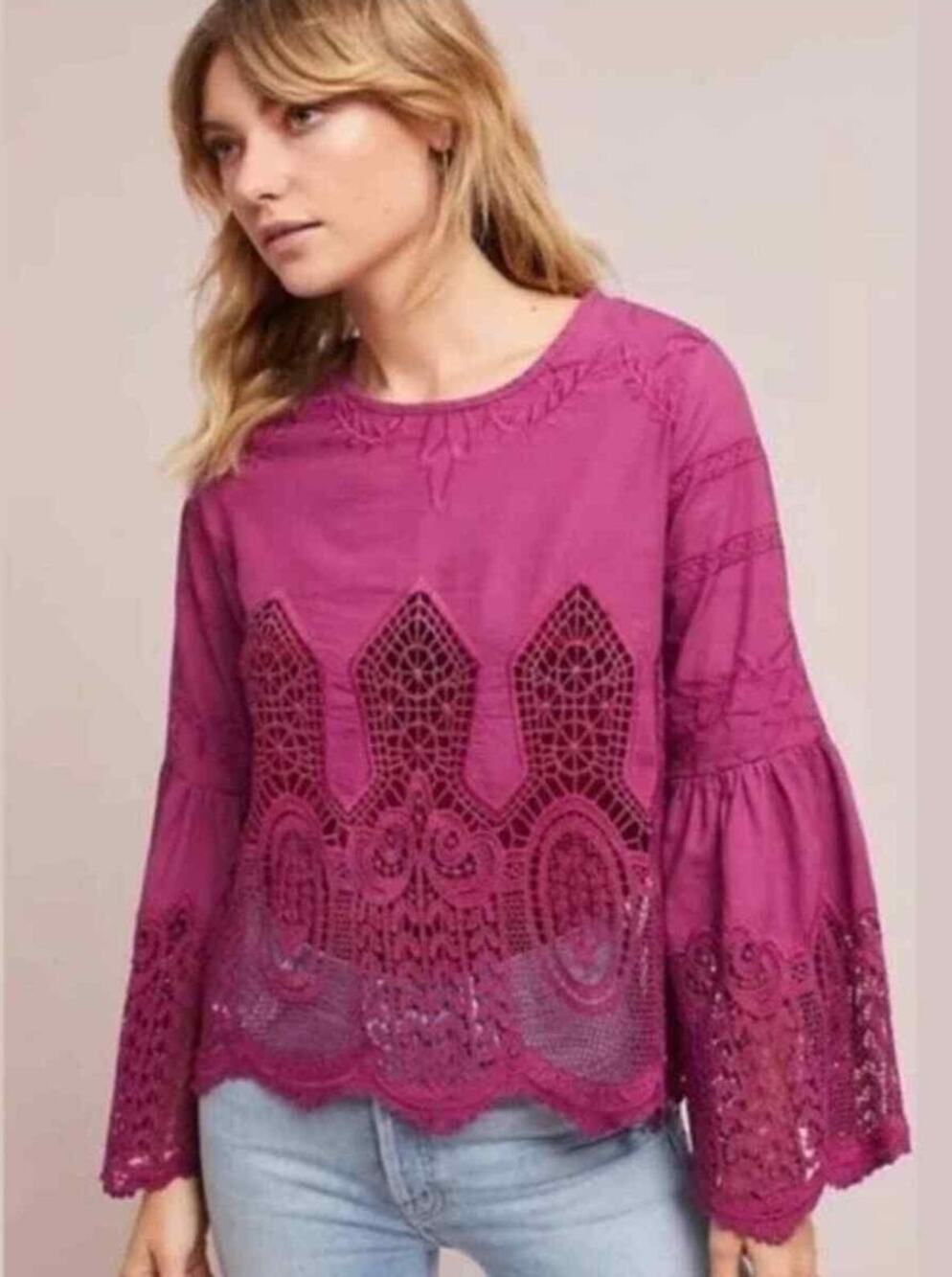 Anthropologie Chloe Oliver Bell Sleeve Magenta Pink Lace Top Size Small